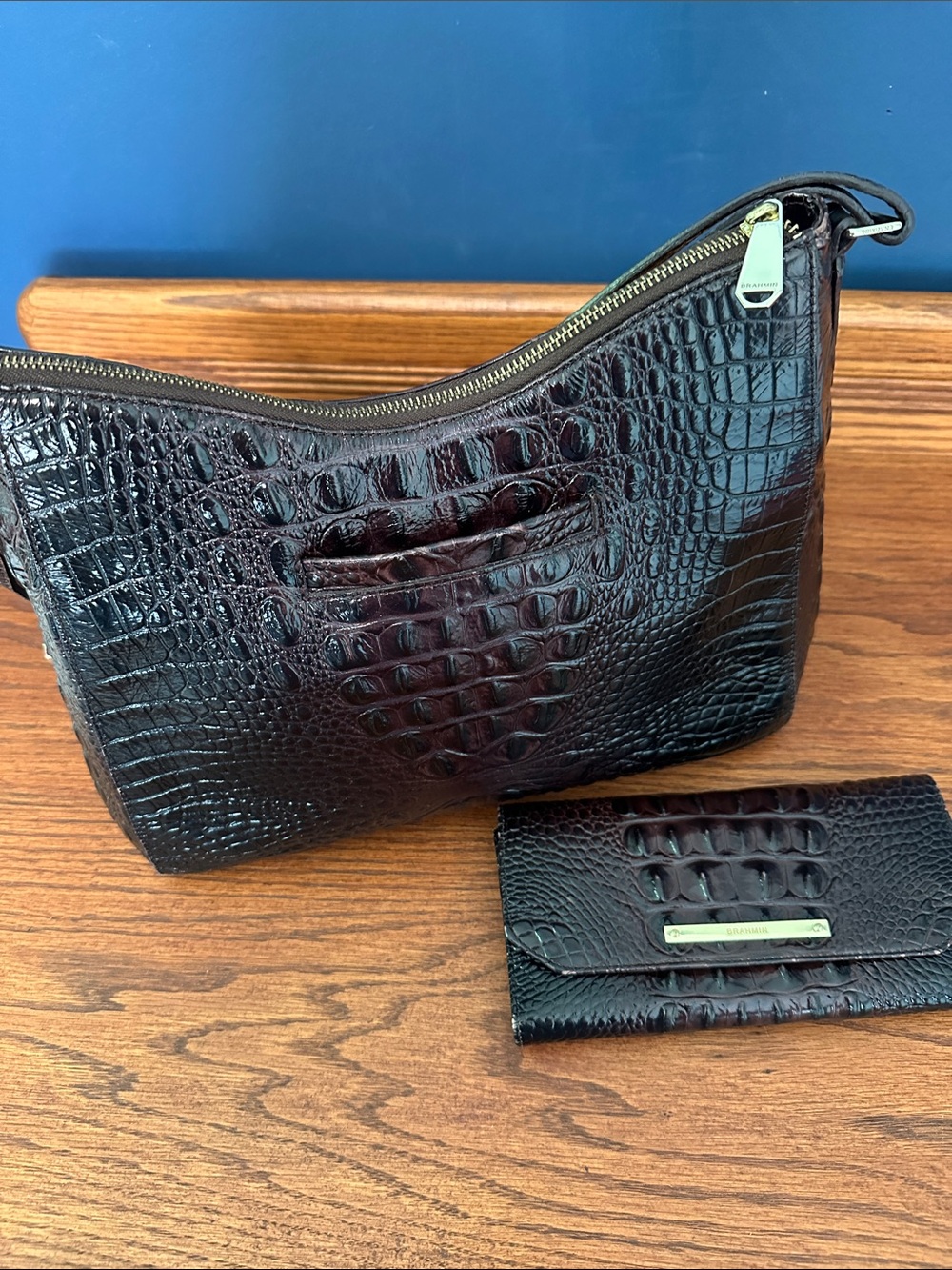 Brahmin Black-Brown Croc-Embossed Leather Bag with Wallet